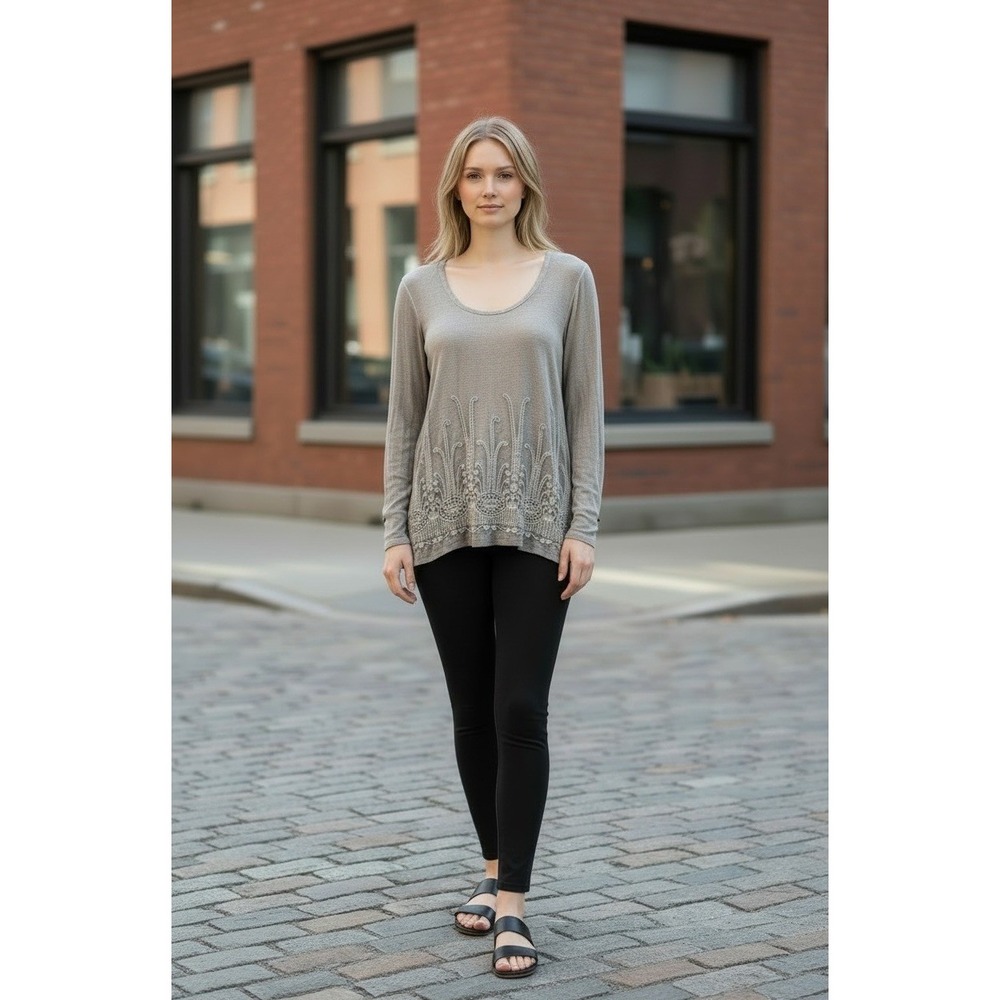Soft Surroundings Taupe Grey Embroidered Sequin Crinkle Tunic Top XL Long Sleeve